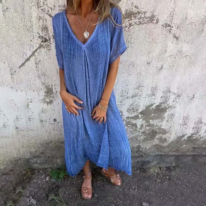 Robe midi en coton et lin à encolure en V