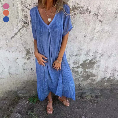 Robe midi en coton et lin à encolure en V