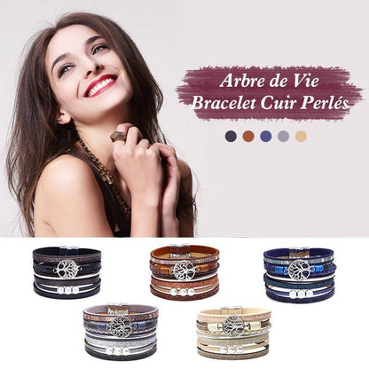 Arbre de Vie Bracelet Cuir Tressé Perlés Vintage