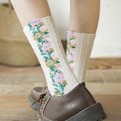 Chaussettes à Fleurs Brodées Vintage (5 paires)